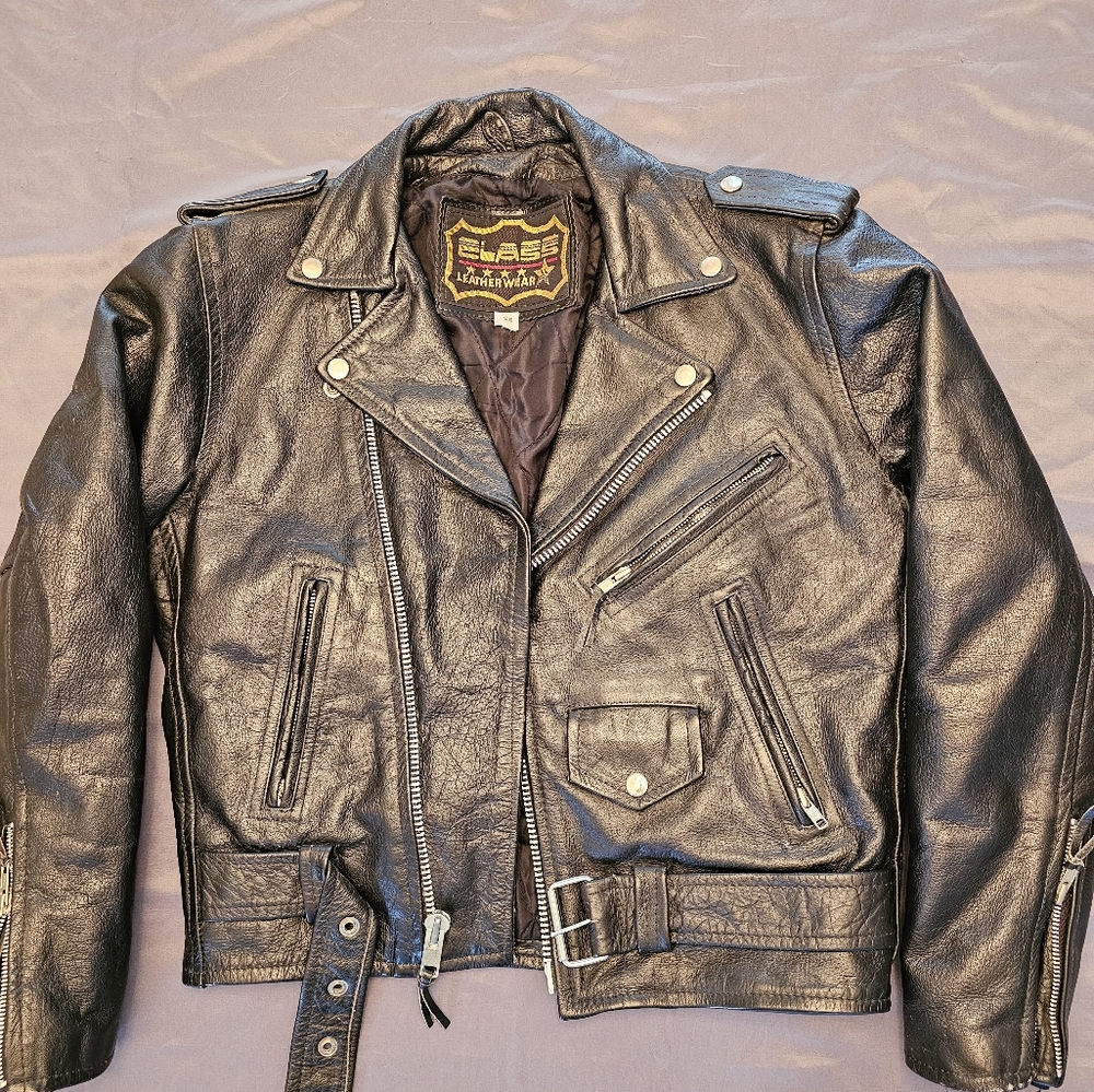 Classic style black leather biker jacket